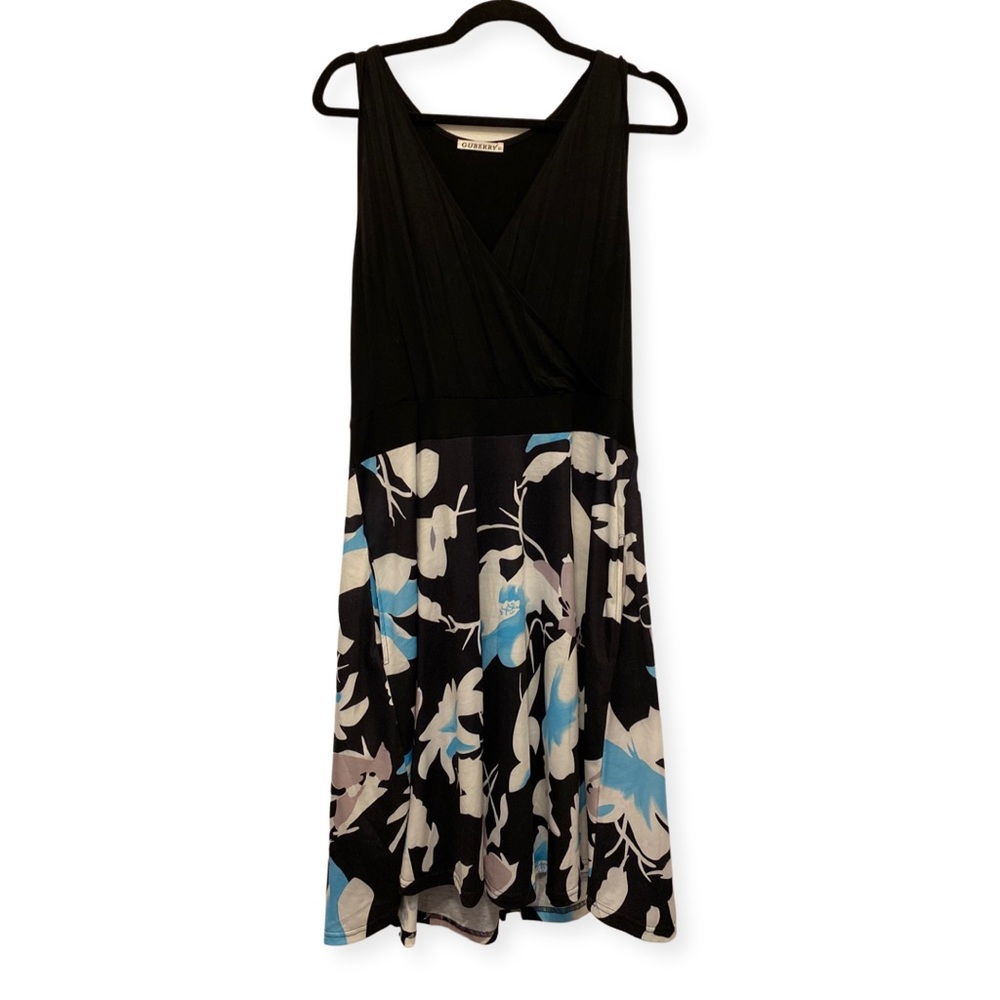 Blue, white, and black floral fit and flare v-neck sleeveless dress, Sz XL
